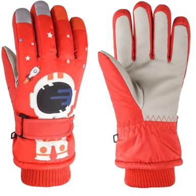 1 paio di guanti da sci per bambini, con polsini regolabili, impermeabili e antivento, stampati con astronauti e motivo razzo, guanti caldi per bambini, sci, snowboard, equitazione (rosso)