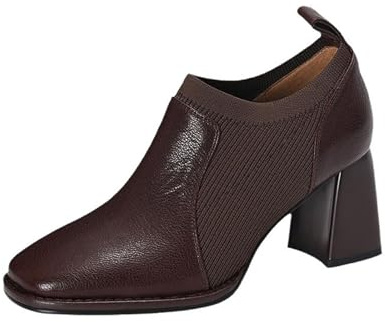 MASHANGGOU Zapatos de tacón alto de color sólido retro para mujer, zapatos de tacón de punto para mujer, adecuados para todas las estaciones, uso diario, marrón, 35 EU