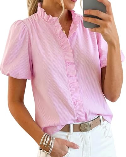 Womens Short Puff Sleeve Button Down Shirts Striped Cute Summer Tops Ruffle Stand Collar Blouse Business Casual Preppy Lantern Top