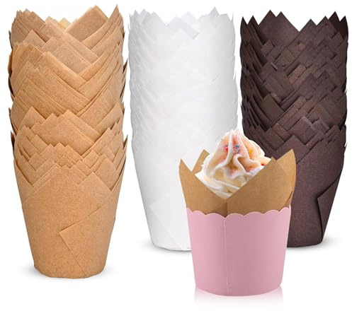 XIMEY Papel Magdalenas Horno, Tulipán Moldes Magdalenas Papel, 300 Piezas, Moldes Muffins, Muffin, Cupcakes para Fiestas Navidad, Tamaño Estándar, Natural y Antiadherente (Tulipanes-B)