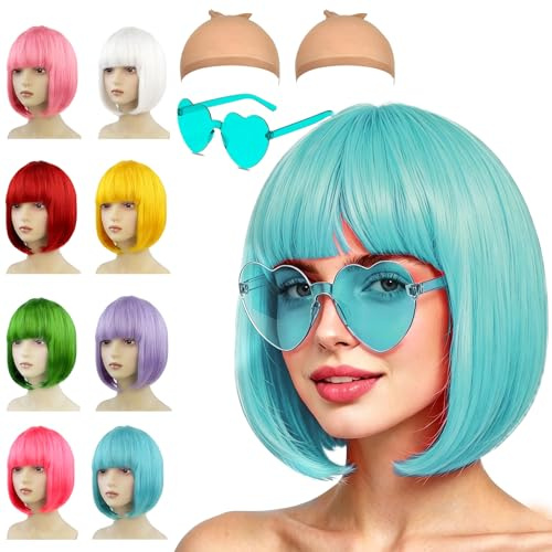 Korta himmelsblå Bob-peruker för kvinnor, 4-pack kvinnors ljusblå perukuppsättning med solglasskyppa, färgad peruk Neon festkläder Accessoar Cosplay Party-peruker Platt lugg, syntetisk rak för