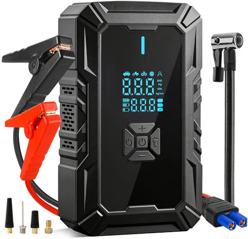 Démarreur de Batterie Auto Portable avec compresseur, Compatible véhicules Essence et Diesel 1,5L à 8L (Batteries 12V), gonflage Rapide des pneus, Aide au démarrage Durable – idéal Cadeau Homme
