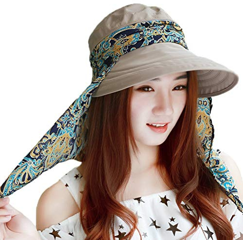 Femme Casquette Visière Large Bord Chapeau de Soleil Plage Voyage Eté Capeline de Camping Pêche Vélo Jardinage Pliable Protection Solaire Complète avec Foulard Protège-nuque Détachable UPF 50+ Anti-UV