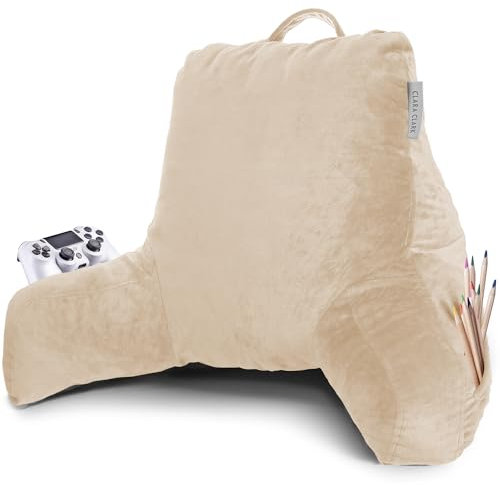 Clara Clark Lesekissen, Standard Rückenkissen zum Aufsetzen im Bett, Memory Foam Rückenstützkissen, Lesekissen zum Sitzen im Bett, Beige Creme Sit Up Kissen für Bett, Armkissen mit Taschen