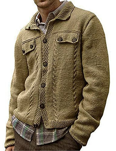 AOGOTO Suéter de punto para hombre, mezcla de lana de cachemira, botones de solapa, botón completo, cárdigan de punto de manga larga, suéter de punto con solapa, chaqueta de punto, abrigo de otoño, L