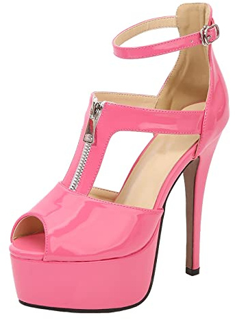 14CM / 5.51IN Femmes Solide Couleur Tempérament T-Strap à Bout Ouvert Plate-Forme Boucle Sandales à lanières Court Chaussures Dames Sexy Pole Dancer Stripper Talon Stiletto,Rose,44 EU