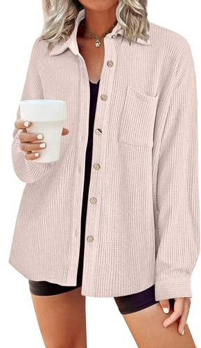 HOTOUCH Oversized Button Down Shirts for Women Long Sleeve Waffle Tops Work Dressy Casual Shacket Light Khaki XXL
