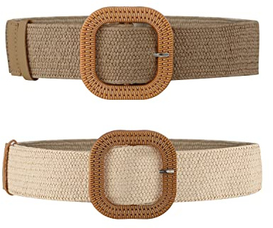 LUTER 2uds Cinturón Trenzado Elástico Mujer, Cinturón Trenzado Elástico de Vestir de Playa de Verano Hebilla de Madera Trenzada para Mujer Cinturones de Cintura Anchos para Vestidos de Mujer