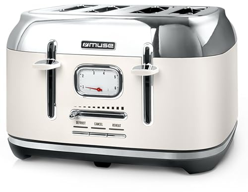 Muse Edelstahl-Toaster im weißen Retro Design, analoge Anzeige, beleuchtete Tasten, 6 Bräunungsstufen, 4 Scheiben, MS-131 SC, Vintage Look in beige, mit Krümelschublade