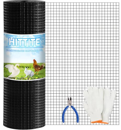 HITTITE Hardware Cloth 1/2 inch 48 x 50 ft, 19 Gauge Welded Black PVC Coated Wire Mesh, Galvanized Welding Chicken Wire Fence Mesh for Chicken Coop and Home Improvement Projects.