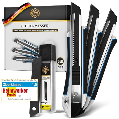 KRAFTFELS Profi 5er Set - Robustes Cuttermesser 18mm inklusive 10 extrem scharfen Cuttermesser Klingen 18mm - Rutschfestes Cutter & Universalmesser Teppichmesser Profi & Heimwerker