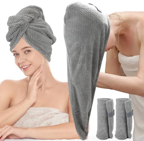 Hience 2er-Pack Großes Mikrofaser-Haartuch für Locken, 86x26cm Super Saugfähig & Schnell Trocknend, Haarturban mit Gummizug für Damen, Anti-Frizz Haarturban Handtuch, Grau