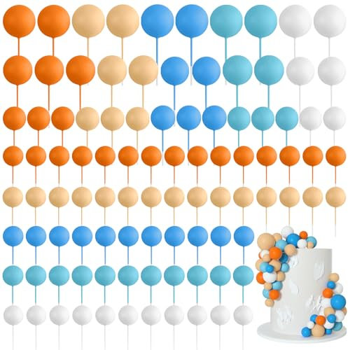 Bouiexye 75 Stück Cake Topper Decoration Tortendeko Kugeln Deko Torte Kuchendeko für Geburtstag Party Babyparty Kuchendekoration Hochzeit（Orange, Gelb, Blau, Weiß）