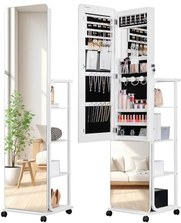 Hzuaneri 360° Schmuckschrank, Breiter Und Höherer Rahmenloser Ganzkörperspiegel, Abschließbarer Stehender Schmuckorganisator, 6 LED-Leuchten Eingebauter Schminkspiegel, Weiß JC16903B