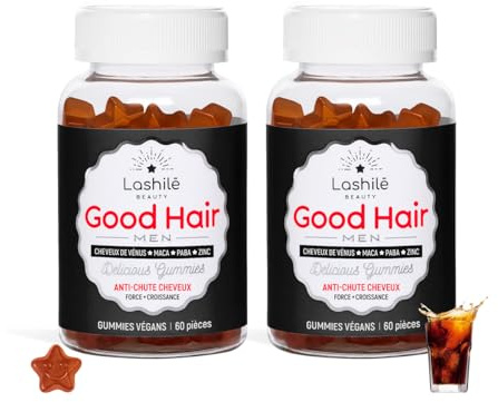 Lashilé Beauty - Complément Alimentaire - Anti-Chute Homme & Renforcement Capillaire - Croissance & Densité Good Hair Men - Made in France - Zinc, Maca, Cheveux de Vénus - Cure 2 Mois 120 Gummies