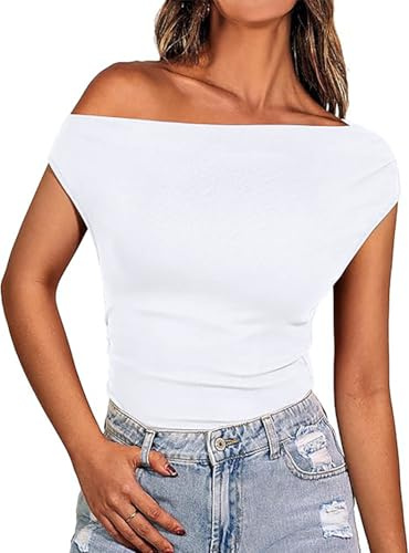 Necooer Ladies Sleeveless Vest Strapless Asymmetric Y2k Tight Tops Slim Sexy One Shoulder Tops One Neck Ribbed White Tank Top(M,White)