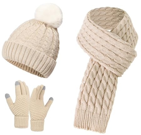 Scarf Gloves Hat Set for Teen Girls Women&Men Autumn Winter Warm Wool Hat Scarf Gloves Three Pieces Hat Gloves (Beige, One Size)