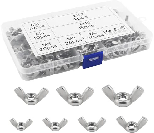 SUKITMISO 105 Stücke Flügelmuttern Sortiment Kit Edelstahl Wing Nut M3 M4 M5 M6 M8 M10 M12 Metrische Flügelmutter für Heimwerker DIY Tools elektronische Geräte Hardware