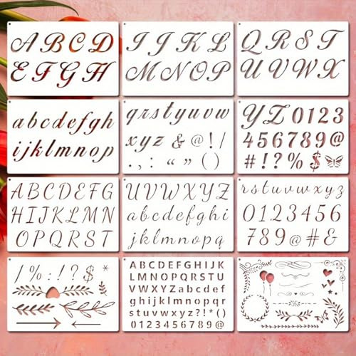 DOKRIN Plantillas de dibujo y de letras,Juego de 12 plantillas de dibujo reutilizables, adecuadas para manualidades, manualidades infantiles y proyectos creativos.