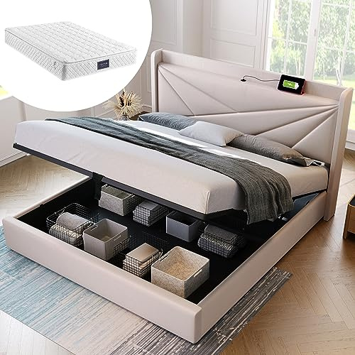 CelticHearth Sängklädsel, dubbelsäng, 160 x 200 med sänglåda, USB Type-C-laddningsfunktion, ribbotten och madrass, linnematerial, förvaringssäng