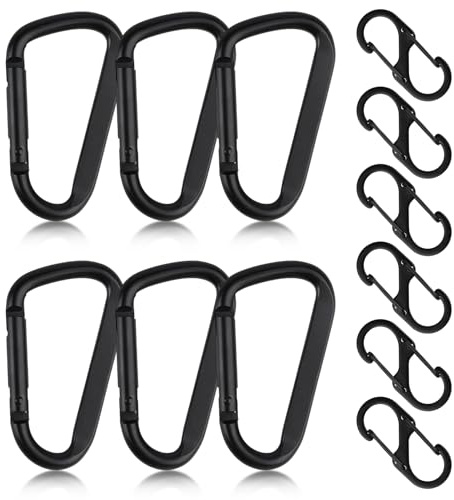 12 Pz Moschettone Nero: 6 Moschettoni Portachiavi con Chiusura a Molla e 6 Ganci Portachiavi Moschettone Piccolo Forma D, Moschettoni Piccoli a S per Campeggio, Cani, Yoga, Sport