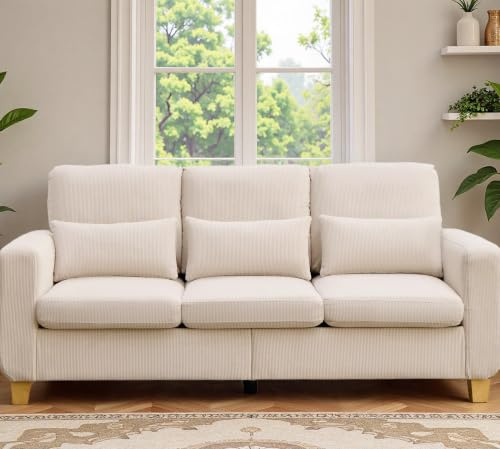EBELLO Canapé 188 cm, canapé 3 à 5 Places, canapé Moderne en Velours côtelé | canapé de salon adapté aux petits espaces, chambres, appartements et bureaux, crème
