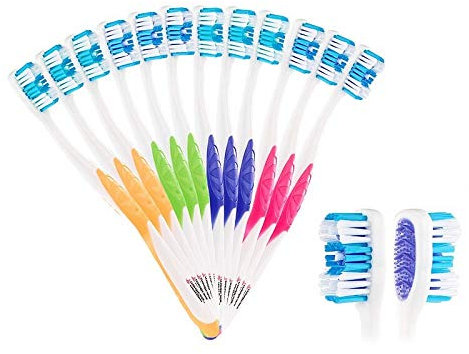 newgen medicals Zahnbürsten Großpackung: 12er-Pack Marken-Zahnbürsten mit Zungenreiniger, HART, 4 Farben (Zahnbürste Hand, Mundpflege-Bürste, Kratzer Entferner)