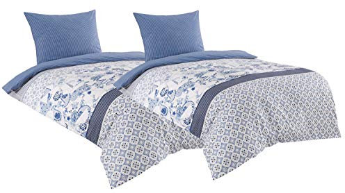 Leonado Vicenti Baumwolle Renforce Bettwäsche 135x200 4teilig weiß blau gestreift mit Reißverschluss