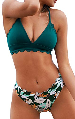 CUPSHE Bikini Inférieur à Bordures Festonnées Vert, L