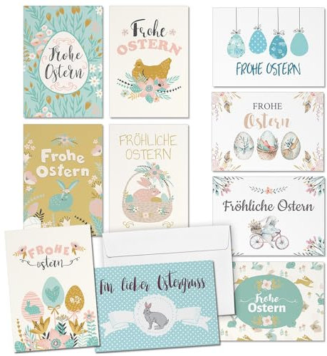 Einladungskarten Manufaktur Hamburg 10 Osterpostkarten Mix 10 Motive im Set Osterkarten mit Umschlag Postkarten Frohe Ostern Vintage Osterbild Osterhase