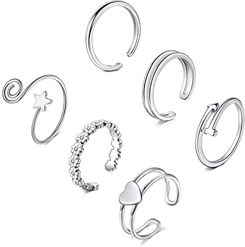 Mayhoop Zehenringe für Damen Silber Verstellbare Zehenringe Knöchelringe Chirurgenstahl Herz Blume Stern 6St