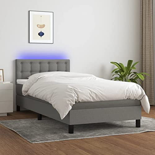 Festnight Polsterbett 100 x 200 cm, Bett Komplett, Polsterbett mit LED, Boxspringbett mit Matratze Kunstleder, Bett mit Matratze,Bett mit Lattenrost und Matratze Dunkelgrau