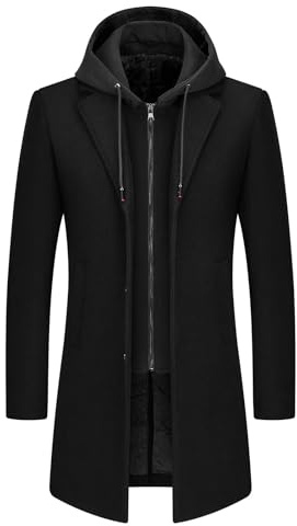 KUDMOL Manteau Homme en Laine Chaud à Capuche Amovible Long Trench-Coat Caban Parka pour Hiver(Noir,2XL)