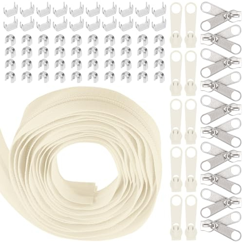 Swpeet 1 rollo de cinta de nailon beige con cremallera de 10 yardas con 20 deslizadores de cremallera a juego, juego de cremalleras infinitas con doble deslizador individual y cremallera para coser