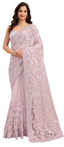 TRENDMALLS Kvinnors nät paljetter broderi arbete sari med ostygnad blus del (K1126-rosa), Rosa, en storlek