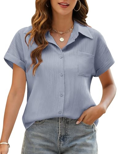 Niwicee Blusa Elegante para Mujer Camisa Lino Mujer Verano con Cuello en V Blusa Suelta Manga Corta Cardigan Mujer Verano Causal Informal con Botones Top con Bolsillos (Azul, XL)