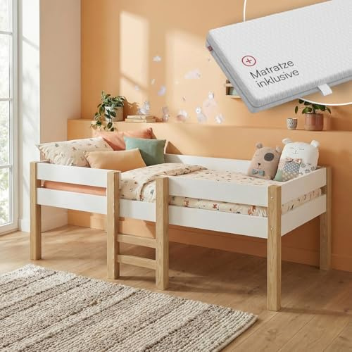 Bellabino Aspy Kinderbett 90x200 cm, ohne Schubladen, Weiß/Natur