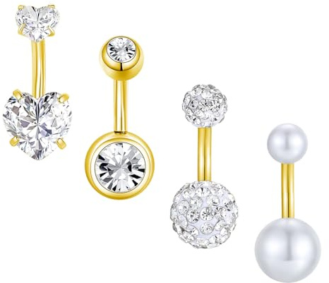 Besyvvin Lot de 4 piercings de nombril courts 6mm en acier chirurgical doré 14G pour piercing de nombril pour femme