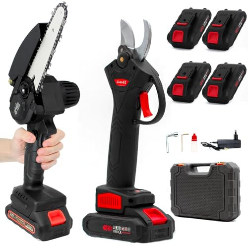 081 Store - Set da Potatura a Batteria 48V Con Forbici e Motosega da 6 Pollici, GARANZIA 2 ANNI, 4 Batterie e Valigette, ASSISTENZA IMMEDIATA