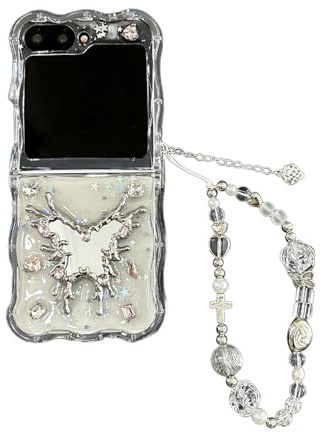 SCJLSDA för Samsung Galaxy Z Flip 6 fodral, söt rolig silver fjäril spegelmönster, klar blank paljett telefonskal med utsökt armband för kvinna flicka