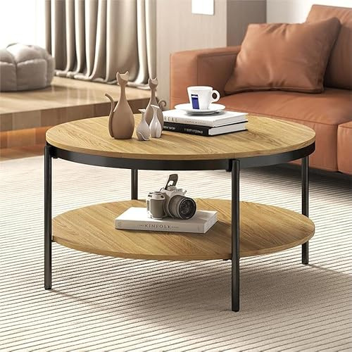Manora Moderner Couchtisch Rund, 80 cm, 2 Ebenen, Eiche-Optik mit Stahlrahmen, Wohnzimmertisch mit Ablage (Hell Eiche)
