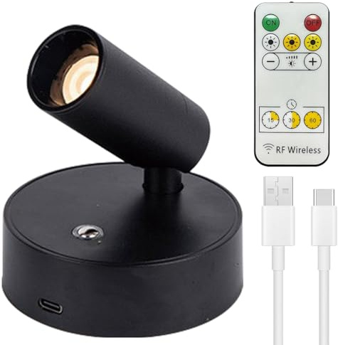 Foco LED inalámbrico, recargable por USB, batería con mando a distancia, 3 temperaturas de color, luces de imagen regulable, lámpara de pared giratoria con función de temporización, para arte, plantas