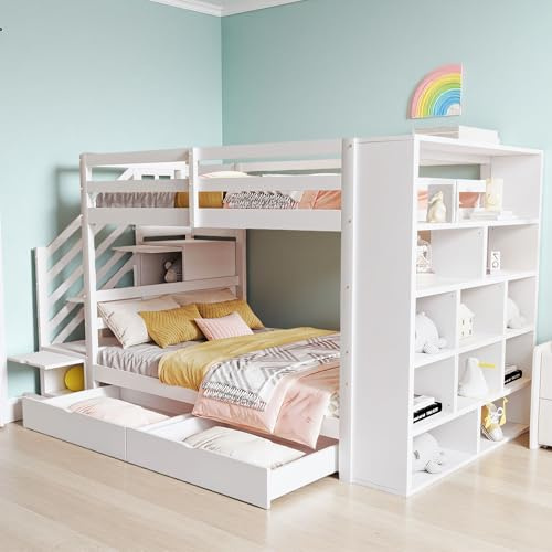 Lit superposé enfant 2 places 90x200cm,lit mezzanine 2 places,lit mezzanine escalier lit double enfant,échelle de sécurité avec compartiments de rangement,tiroirs de rangement et grands casiers Blanc