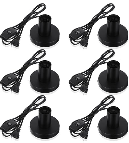 6 Pcs Polished Metal Desktop Lamp E26 E27 Screw Light Bulb Sockets Holder Base Lamp Replacement Base for Holding Bulb 6 Feet Cord on Off Switch Plug(Black)