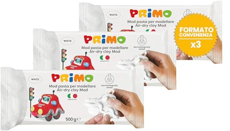 PRIMO - Pasta da Modellare Simil Argilla Dermatologicamente Testata 3x500g, Pasta Modellabile con Mani Inumidite, Giochi Bambini 3 Anni, Lavoretti Creativi, Asciuga all'Aria no Cottura, Inodore Vegana