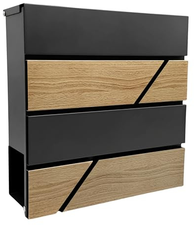 Cassetta Postale Relaxdays, Effetto Legno, con Scomparto per giornali, H: 37x37x11 cm, 4 Chiavi, Ferro, Antracite/Natur.