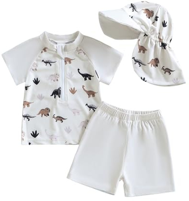 BeliBacca Toddler Baby Boy Swimsuit Set Infant Short Sleeve Zipper Front Dinosaur Whale Turtle Print Tops Swim Trucks Hat Set Baby Rash Guard Set Beachwear Bathing Suit