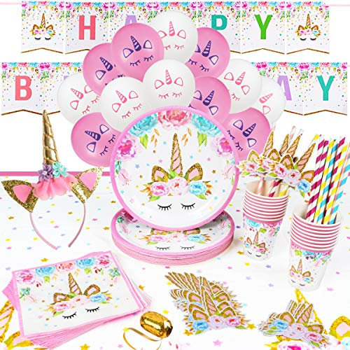 16 Invités Kit Anniversaire Licorne Decoration Vaisselle Jetable Assiette Gobelet Serviette Paille Nappe Fête Banderole Joyeux Anniversaire Bandeau Licorne Ballon Deco Licorne Anniversaire Fille