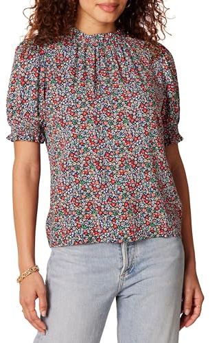 Amazon Essentials Blusa Chemisier Corta con Maniche A Sbuffo in Twill Fluido Donna, Blu Marino Stampa Motivo Piccolo, XXL