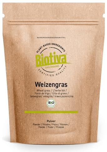 Erba di grano Bio polvere (1000g (2x 500g) | giovane e fina | confezionato è controllato in Germania | aroma delicato | Biotiva